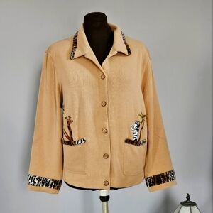ONQUE XL ANIMAL PRINT APPLIQUE CARDIGAN COTTAGE CORE CHARM Vintage